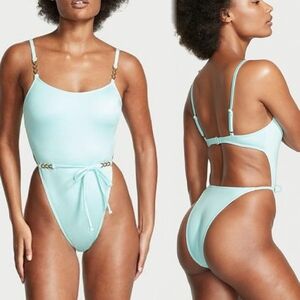 Victoria's Secret Sea Foam Blue Gold Chain Strap High Leg One Piece Swimsuit